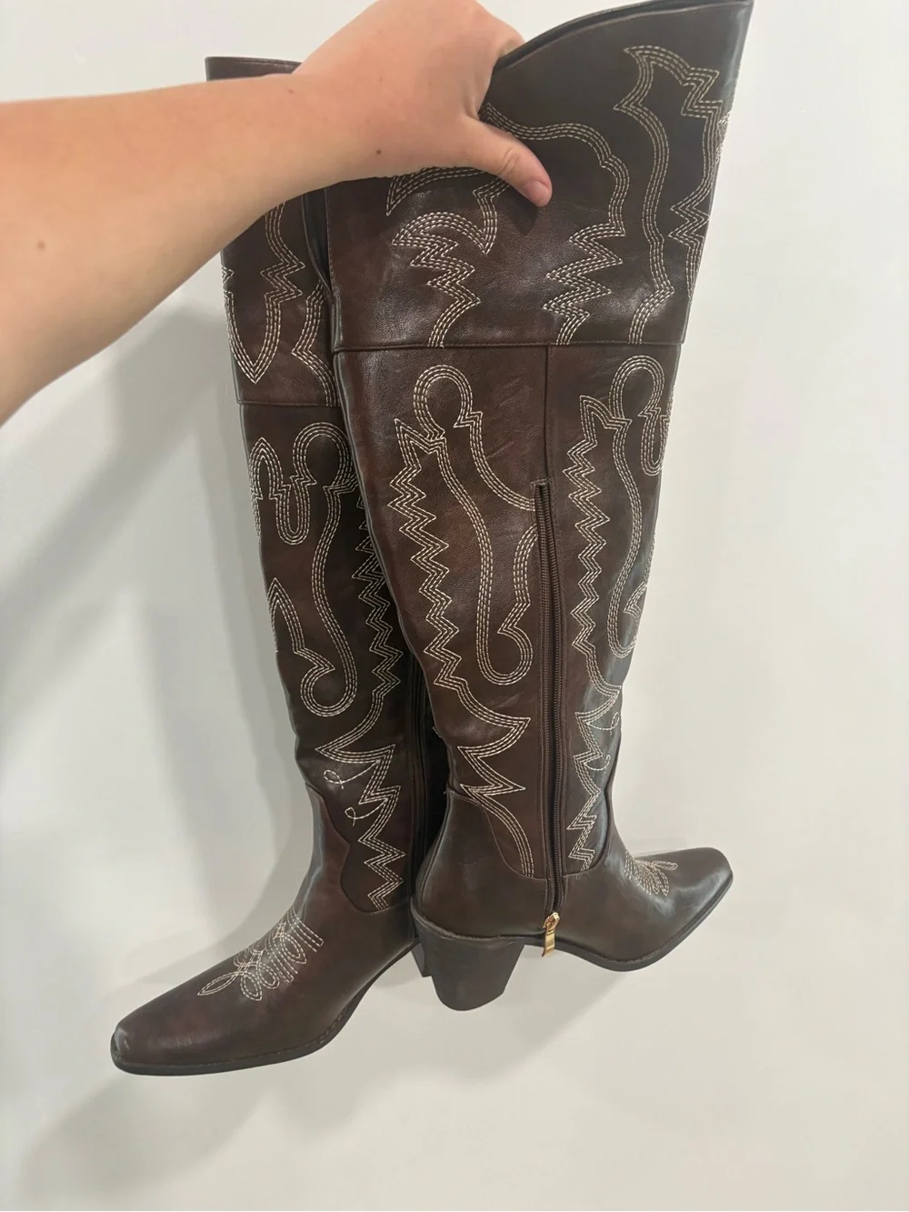 Embroidered Tall‎ Brown Leather Cowboy Boots